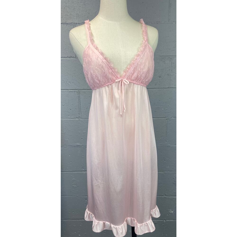 Vintage 1970s Pastel Pink Nylon and Lace Babydoll Nightgown Small Low Cut